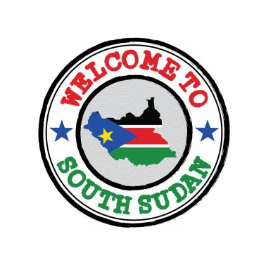 Güney Sudan 'a hoş geldin damgası ve merkezde ulusun haritası var. Grunge Lastik Doku Mührü Güney Sudan 'a Hoş Geldiniz.