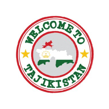 Tacikistan 'a hoş geldin damgası ve merkezde ulusun haritası var. Grunge Kauçuk Doku Damgası Tacikistan 'a Hoşgeldiniz.