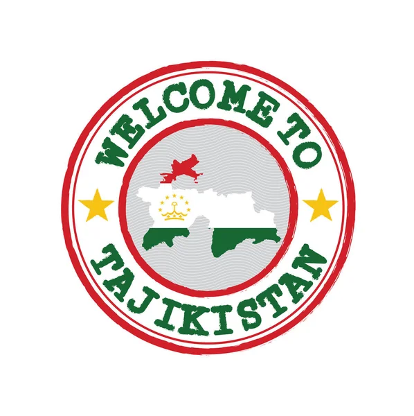 Timbre Vectoriel Bienvenue Tadjikistan Avec Plan Nation Centre Grunge Texture — Image vectorielle