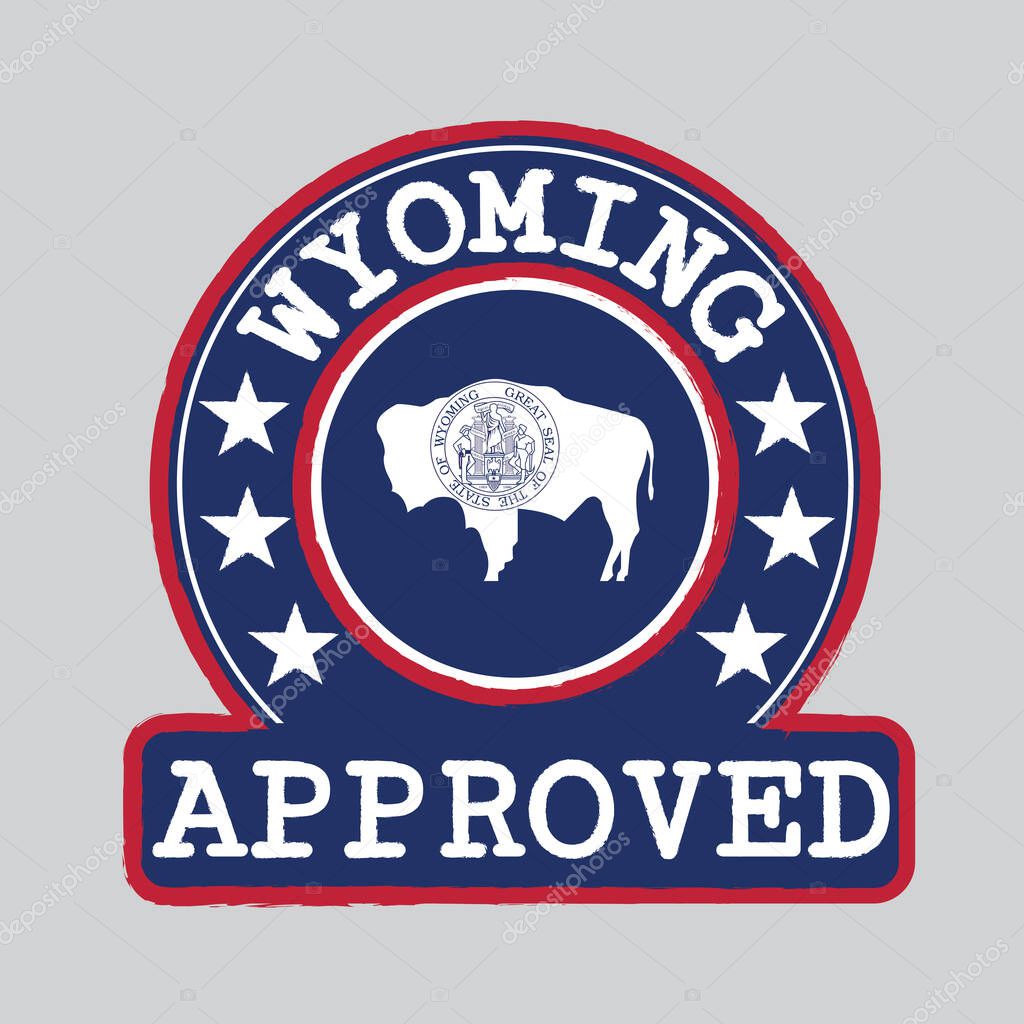 Vector Stamp of Approved logo with Wyoming Flag in the round shape on the center. The states of America. Grunge Rubber Texture Stamp of Approved from Wyoming.