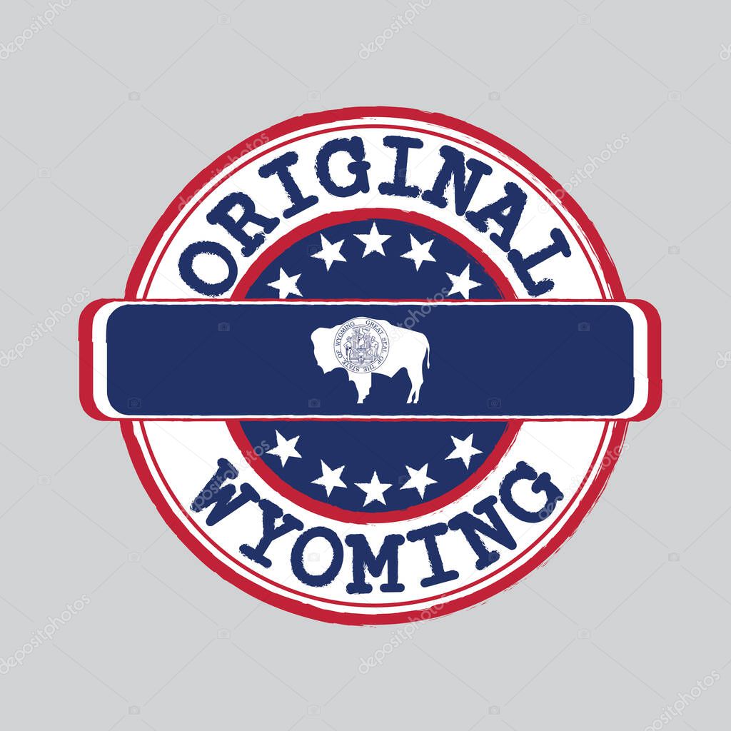 Vector Stamp of Original logo and Tying in the middle with Wyoming flag, the states of America. Grunge Rubber Texture Stamp of Original Wyoming.