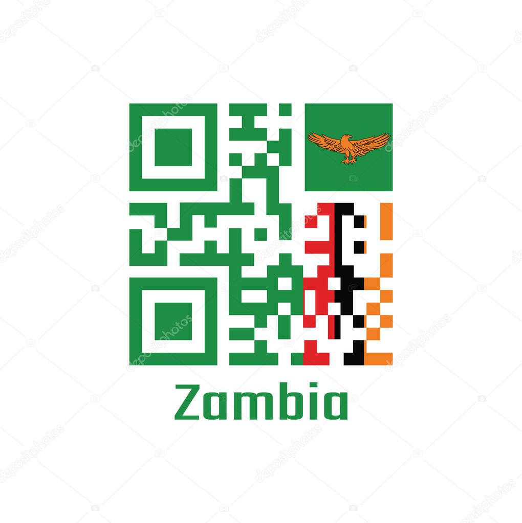 QR code set the color of Zambia flag. A green field with an orange colored eagle in flight over a rectangular block of red black and orange with text Zambia.