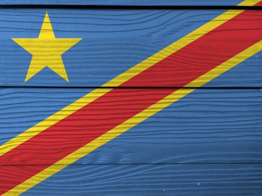 Ahşap duvarda Dr. Kongo 'nun bayrağı var. Grunge Dr Kongo bayrak deseni, gök mavi alan çapraz kırmızı ve sarı şerit ve yıldız.