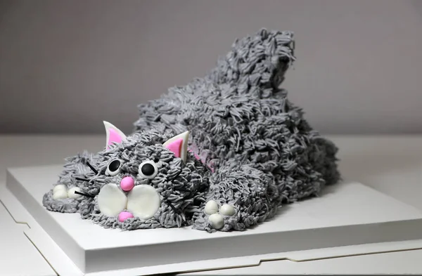 灰色の猫の形をしたケーキ 白い四角形の紙トレイに座ってポーズをとっています — ストック写真