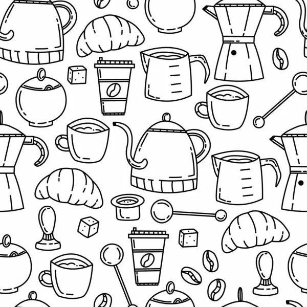 Seamless doodle pattern with coffee and coffee accessories. Cute doodle illustration for design