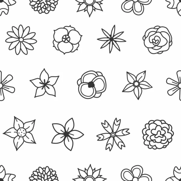 Black and white doodle flowers on a white background seamless pattern. Vector illustration background