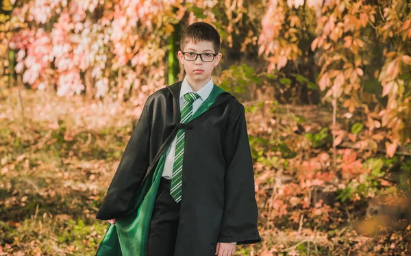 Mały Czarodziej Młody Uczeń Magicznej Szkoły Przywołuje Chłopiec Zielonym Szlafroku — Zdjęcie stockowe