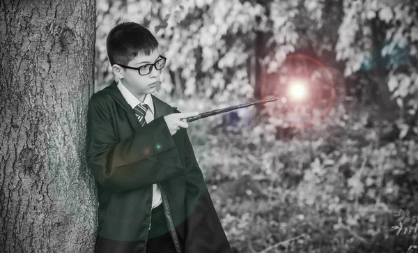 キッドウィザード 魔法学校の若い生徒が思いを馳せる 森の中の緑の衣の魔法の少年 ハロウィーンの時間 — ストック写真