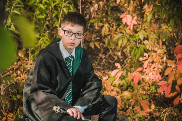 Kid Wizard Mladý Student Magické Školy Kouzlí Chlapec Zeleném Rouchu — Stock fotografie