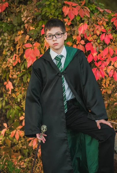 Mały Czarodziej Młody Uczeń Magicznej Szkoły Przywołuje Chłopiec Zielonym Szlafroku — Zdjęcie stockowe