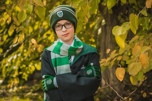 キエフウクライナ24 10月 イラスト編集 シサリン ホガースの子供 魔法学校の若い生徒が思いを馳せる 森の中の緑の衣の魔法の少年 ハロウィーンの時間 — ストック写真
