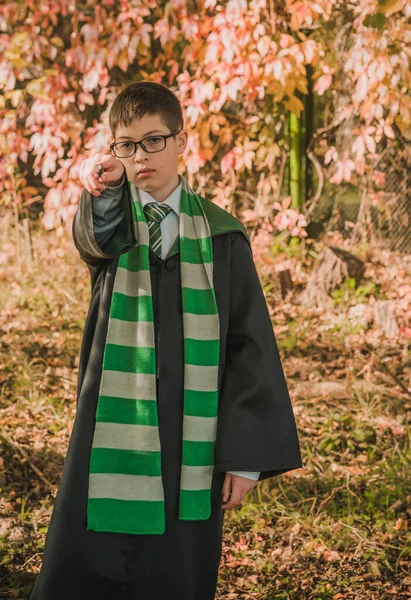 Kid Wizard Mladý Student Magické Školy Kouzlí Chlapec Zeleném Rouchu — Stock fotografie