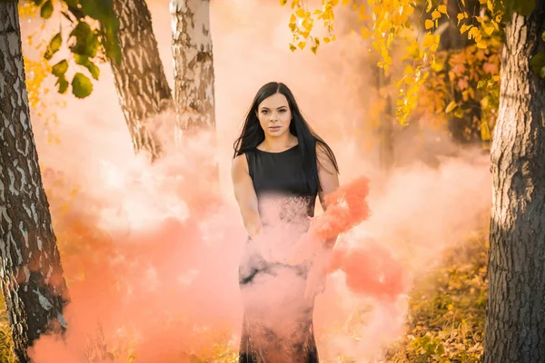 Schöne Mädchen Auf Einem Hintergrund Aus Farbigem Rauch Rauchschleier Wald — Stockfoto