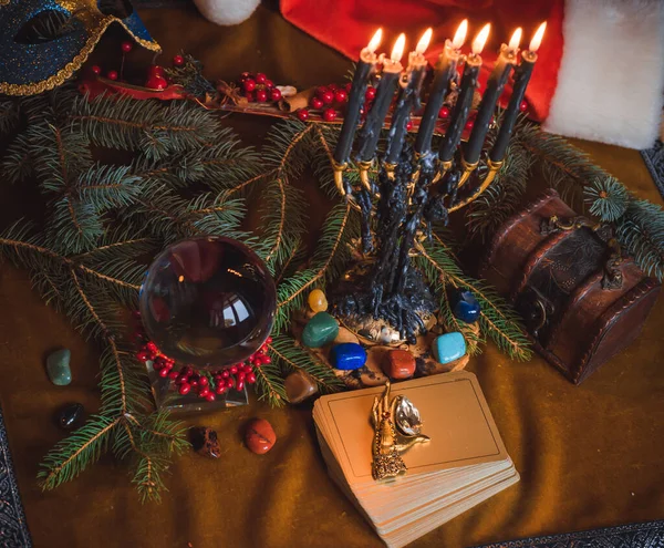 Conceito Previsões Adivinhação Natal Cartas Tarô Bola Mágica Outra Magia — Fotografia de Stock