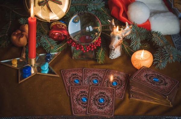 Conceito Previsões Adivinhação Natal Cartas Tarô Bola Mágica Outra Magia — Fotografia de Stock