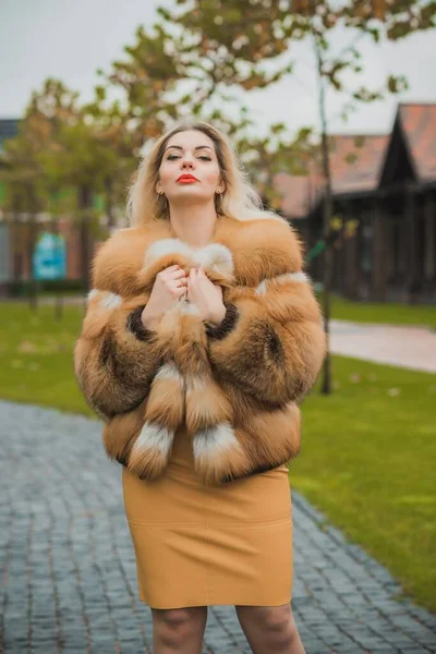 Gorgeous Size Blonde European Woman Luxury Fur Coat Women Beauty — Stock Photo, Image