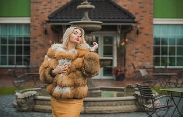 Gorgeous Size Blonde European Woman Luxury Fur Coat Women Beauty — Stock Photo, Image