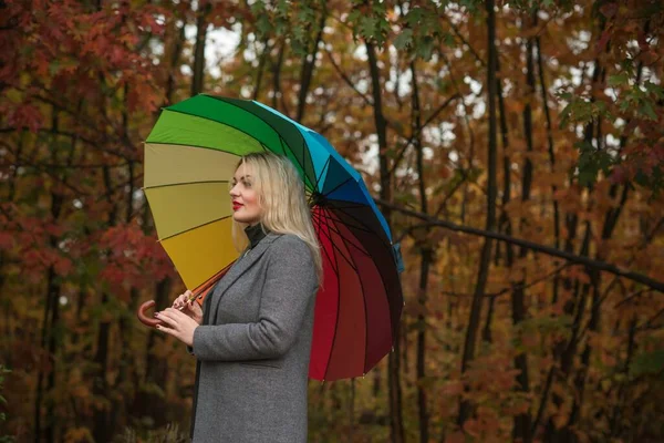 Blonde Nice Woman Autumn Coat Colorful Umbrella Park Pretty Size — Stock Photo, Image