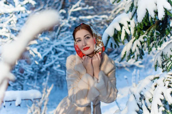 Красивая Европейская Модная Женщина Зимой Платке Голове Фоне Деревьев Сказочная — стоковое фото