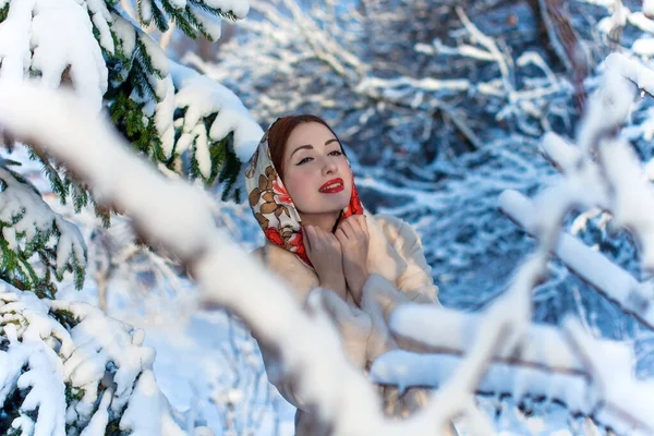 Красивая Европейская Модная Женщина Зимой Платке Голове Фоне Деревьев Сказочная — стоковое фото