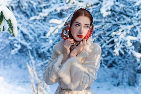 Гарна Європейська Жінка Взимку Хустку Голові Тлі Дерев Зима Казки — стокове фото