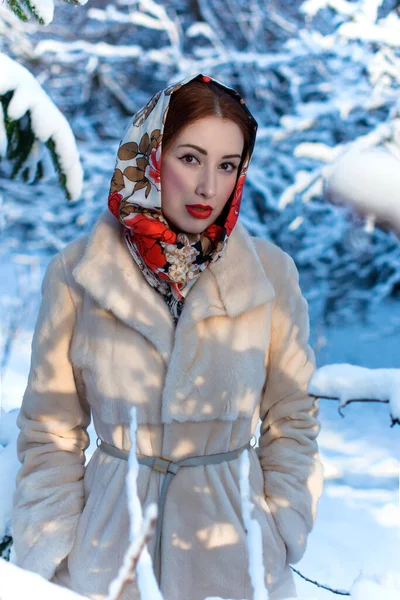 Beautiful European Fashionable Woman Winter Headscarf Her Head Background Trees — Stock Photo, Image