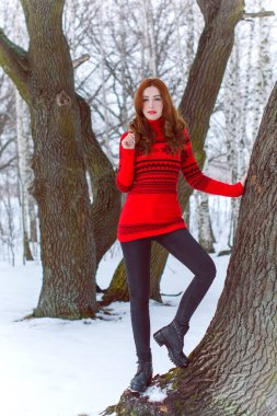 Tatil günleri, Noel kış zamanı. Tatilde olan bir kadın dışarıda yürüyor. Sıcak giyimli bir kız, kadın modası konsepti. Oldukça hoş bir tarz.