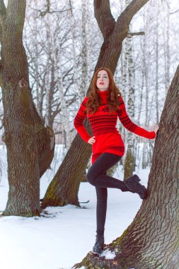 Tatil günleri, Noel kış zamanı. Tatilde olan bir kadın dışarıda yürüyor. Sıcak giyimli bir kız, kadın modası konsepti. Oldukça hoş bir tarz.
