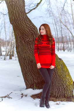 Tatil günleri, Noel kış zamanı. Tatilde olan bir kadın dışarıda yürüyor. Sıcak giyimli bir kız, kadın modası konsepti. Oldukça hoş bir tarz.