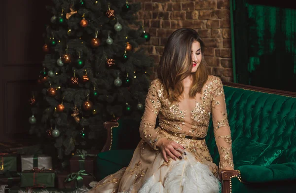 Vánoční Svátky Arabka Večerních Nádherných Šatech Pěkná Dáma Holly Evové — Stock fotografie