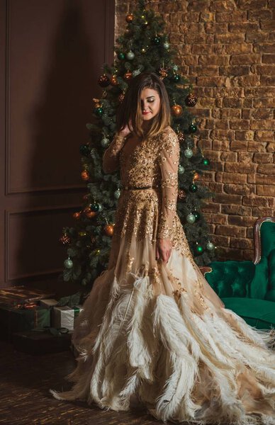  Рождественские праздники, арабская женщина в вечернем роскошном платье. Довольно милая дама в "Холли Ив". Женщина в красивом золотом блестящем платье с перьями 