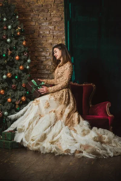圣诞假期 阿拉伯女人穿着晚礼服 伊夫是个不错的女士穿着漂亮的金光闪闪长裙 头戴羽毛的女人 — 图库照片