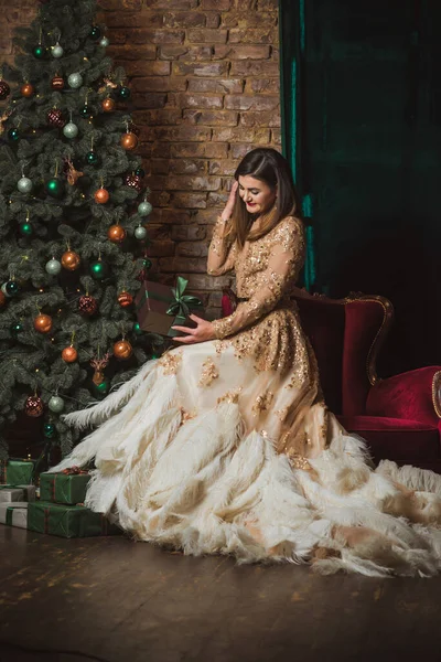 Різдвяні Свята Арабська Жінка Вечірній Розкішній Сукні Гарна Леді Голлі — стокове фото