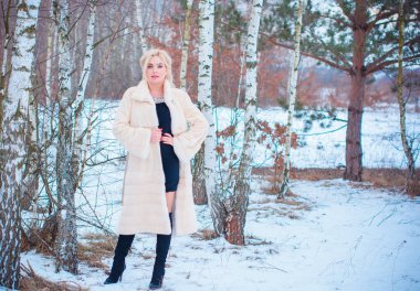 Noel zamanı açık havada oldukça hoş bir kadın, kürklü şık bir bayan, neşeli ve lüks elbiseli sihirli bir sezon.