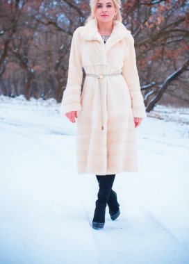 Noel zamanı açık havada oldukça hoş bir kadın, kürklü şık bir bayan, neşeli ve lüks elbiseli sihirli bir sezon.