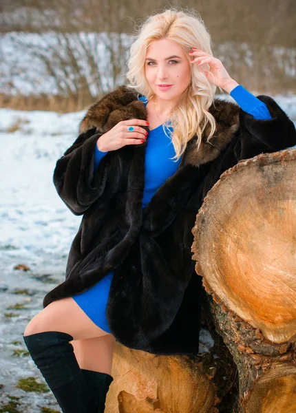 クリスマスの時間の屋外でかなり素敵な女性 毛皮のコートでファッショナブルな女性 良い気分と豪華な服と魔法の季節 — ストック写真