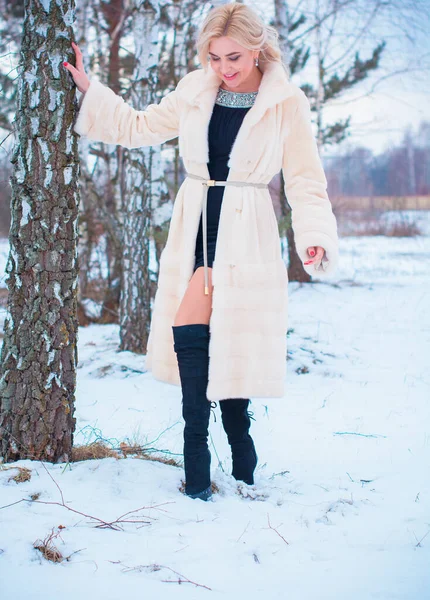 Pretty Nice Woman Christmas Time Outdoor Fashionable Lady Fur Coat — стоковое фото