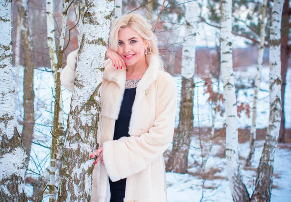 Pretty Nice Woman Christmas Time Outdoor Fashionable Lady Fur Coat — стоковое фото