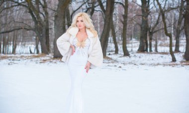 Tatil günleri, Noel kış zamanı. Zarif elbiseli ve kürklü bir kadın. Şık elbiseli bir kız, kadın modası konsepti, karlı havada sokakta poz veren.