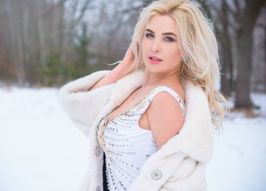 Tatil günleri, Noel kış zamanı. Zarif elbiseli ve kürklü bir kadın. Şık elbiseli bir kız, kadın modası konsepti, karlı havada sokakta poz veren.