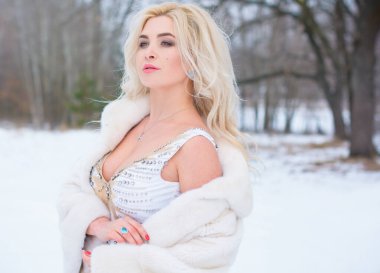 Tatil günleri, Noel kış zamanı. Zarif elbiseli ve kürklü bir kadın. Şık elbiseli bir kız, kadın modası konsepti, karlı havada sokakta poz veren.