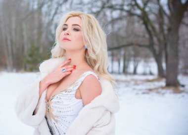 Tatil günleri, Noel kış zamanı. Zarif elbiseli ve kürklü bir kadın. Şık elbiseli bir kız, kadın modası konsepti, karlı havada sokakta poz veren.