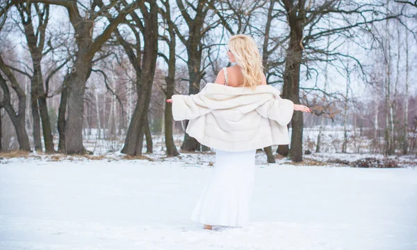 Feriados Dias Natal Tempo Inverno Mulher Vestido Elegante Casaco Pele — Fotografia de Stock