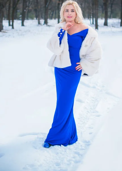 冬の休日 お祝いと人々のコンセプト 雪の森の背景にエレガントな青のドレスの若いセクシーな女性 — ストック写真