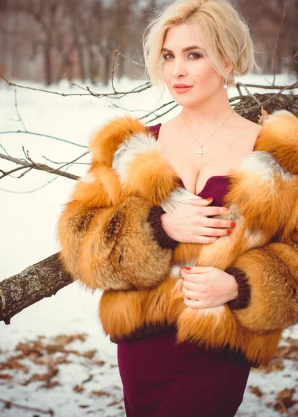 冬秋季节 度假理念 灵感和仙女般的寒冷时光 在公园里穿着时髦羊毛衫和皮大衣的女人 漂亮的女士户外 雪天迷人的圣诞时间 — 图库照片
