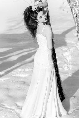 Beyaz uzun elbiseli bayan. Hoş, genç, zarif ve seksi bir kadın. Gelinlik içinde, kırsal tarzda, kış karında poz veriyor. Kışın Büyülü Düğün