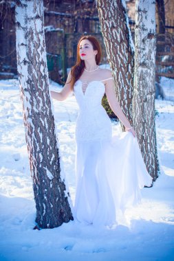 Beyaz uzun elbiseli bayan. Hoş, genç, zarif ve seksi bir kadın. Gelinlik içinde, kırsal tarzda, kış karında poz veriyor. Kışın Büyülü Düğün