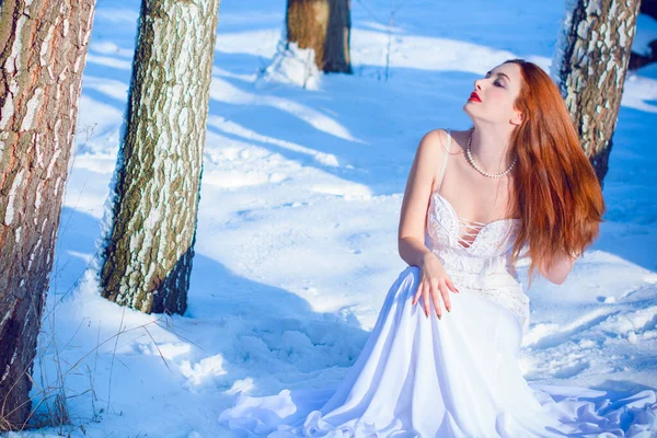 드레스를 위에서 드레스를 스타일로 포즈를 취하는 예쁘고 겨울의 결혼식 — 스톡 사진