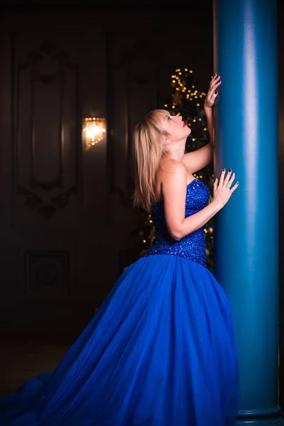 Frau Wunderschönen Blauen Abendkleid Ziemlich Nette Dame Heiligabend Frau Schönem — Stockfoto