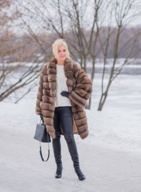  Doğada kürk giymiş zarif bir bayan, sonbahar - kış mevsimi, çekici görünümlü bir kadın